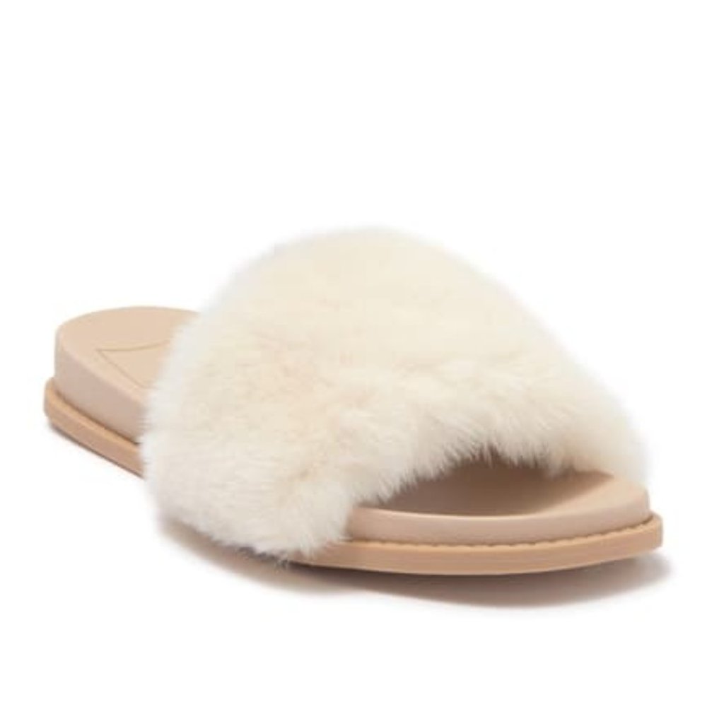NEW Dolce Vita Women Gwynn Faux Fur Slide Open Toe Ivory Off White Slippers